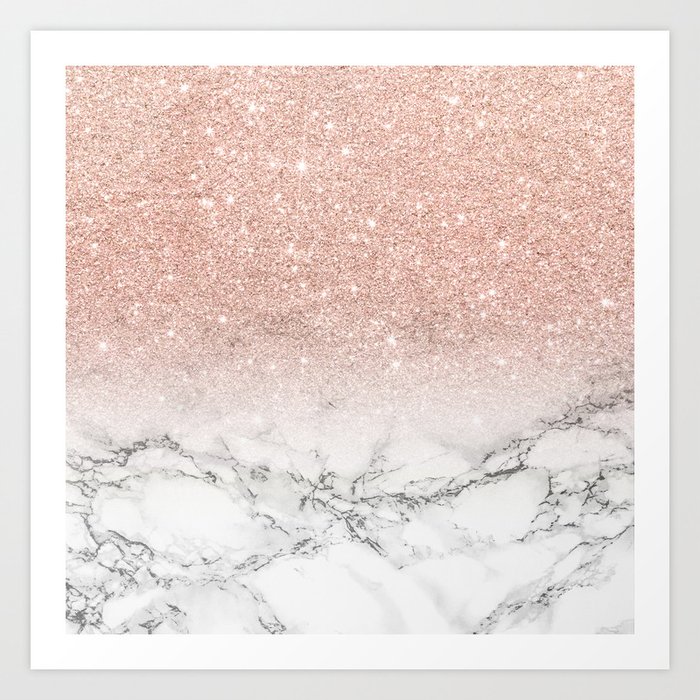 Modern faux rose gold pink glitter ombre white marble Art ...