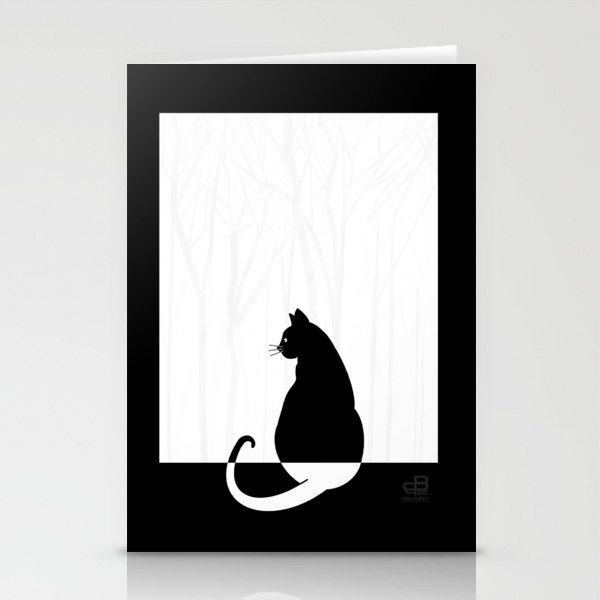 Cat Pondering Nature - Black Stationery Cards