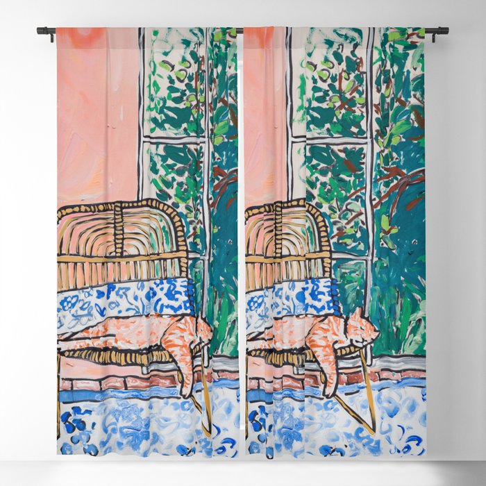 Napping Ginger Cat in Pink Jungle Garden Room Blackout Curtain