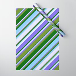 [ Thumbnail: Vibrant Medium Slate Blue, Green, Dark Green, Light Sky Blue & Lavender Colored Stripes Pattern Wrapping Paper ]