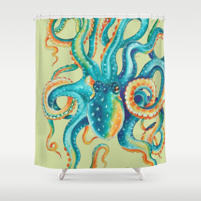 Octopus Teal Tentacles On Yellow Green Shower Curtain