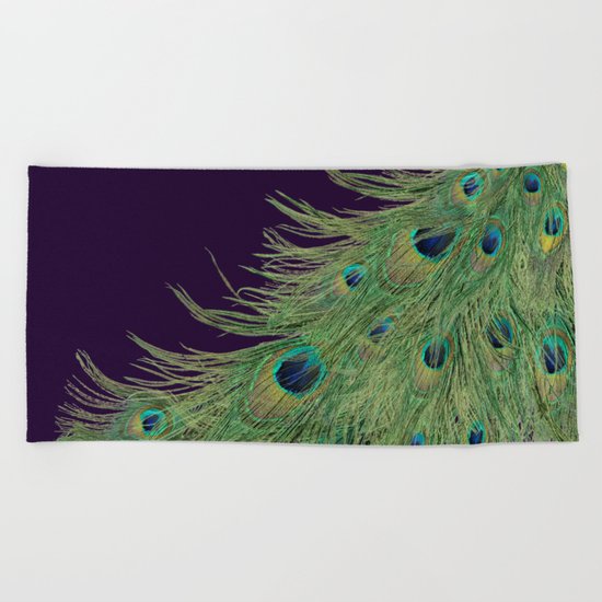 Peacock Feathers on Purple Background Beach Towel
