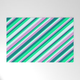 [ Thumbnail: Plum, Teal, Green & Light Cyan Colored Striped Pattern Welcome Mat ]