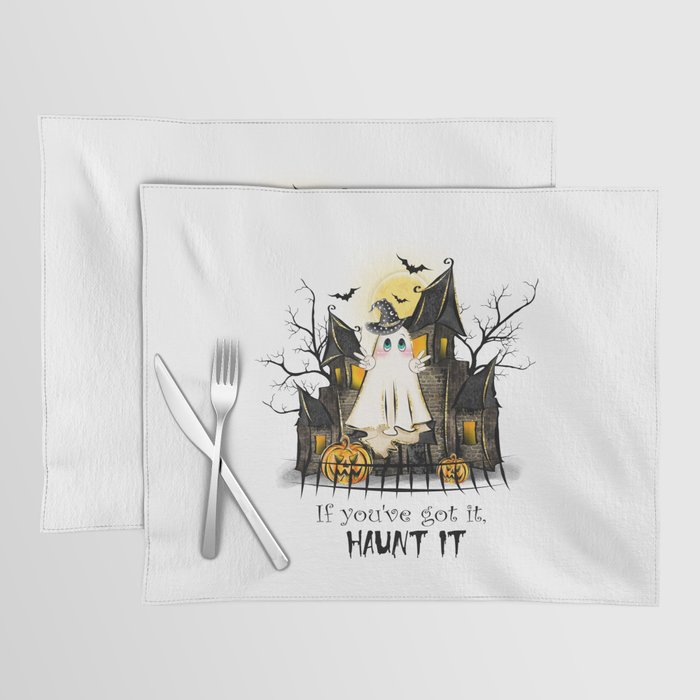 Funny ghost with haunted mansion and bat Placemat