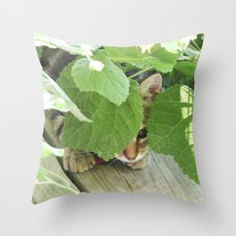 The cat hidden behind the leaves Throw Pillow