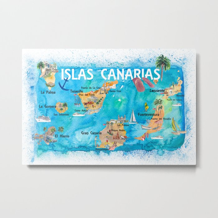 Canary Islands Illustrated Travel Map with Majorca Ibiza Menorca Landmarks and Highlights Metal Print