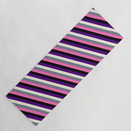 [ Thumbnail: Vibrant Indigo, Beige, Slate Gray, Hot Pink, and Black Colored Striped/Lined Pattern Yoga Mat ]