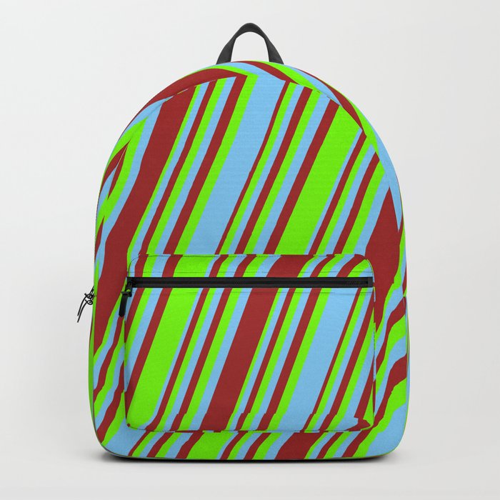 Light Sky Blue, Brown, and Green Colored Striped/Lined Pattern Backpack