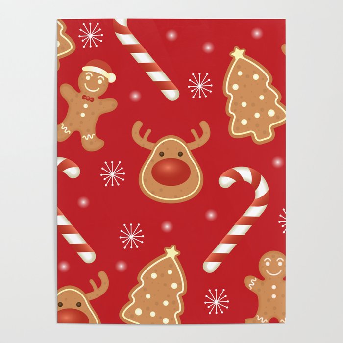 Christmas Pattern Cute Cookie Deer Gingerbread Poster