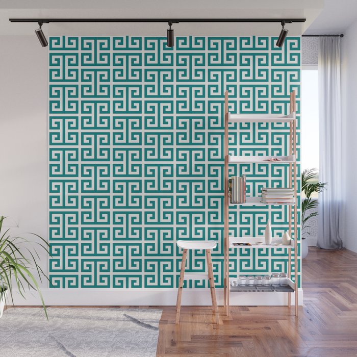 Teal and White Greek Key Pattern Wall Mural