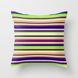 [ Thumbnail: Vibrant Chartreuse, Beige, Light Salmon, Purple & Dark Blue Colored Lines/Stripes Pattern Throw Pillow ]