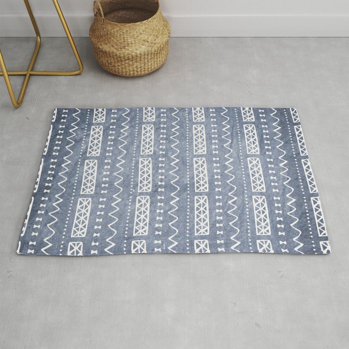 Blue and White Bow Tie Zig Zag Mud Cloth Pattern  Rug