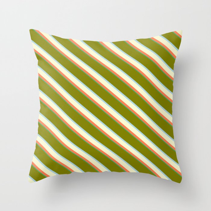 Vibrant Green, Light Blue, Light Yellow, Coral & Sea Green Colored Lines/Stripes Pattern Throw Pillow