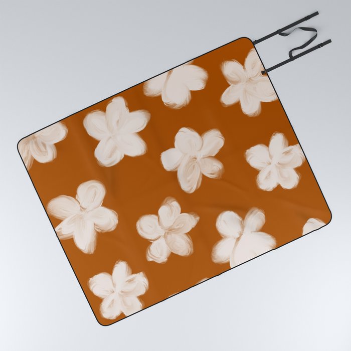 Retro 60s 70s Flowers over Neutral Earthy Brown Picnic Blanket
