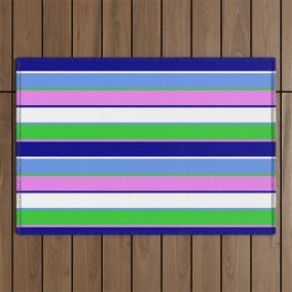 [ Thumbnail: Cornflower Blue, Lime Green, Violet, Dark Blue & White Colored Stripes/Lines Pattern Outdoor Rug ]