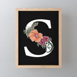 Monogram Letter S with Flowers Black background Framed Mini Art Print
