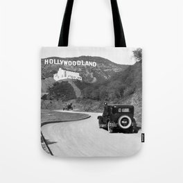 Old Hollywood sign Hollywoodland black and white photograph Tote Bag