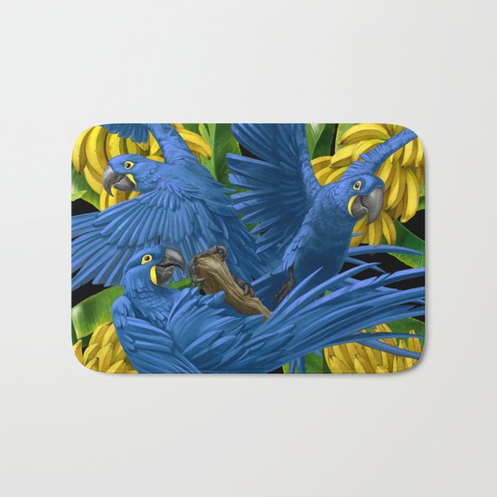 Hyacinth Macaws and bananas Stravaganza (black background). Bath Mat