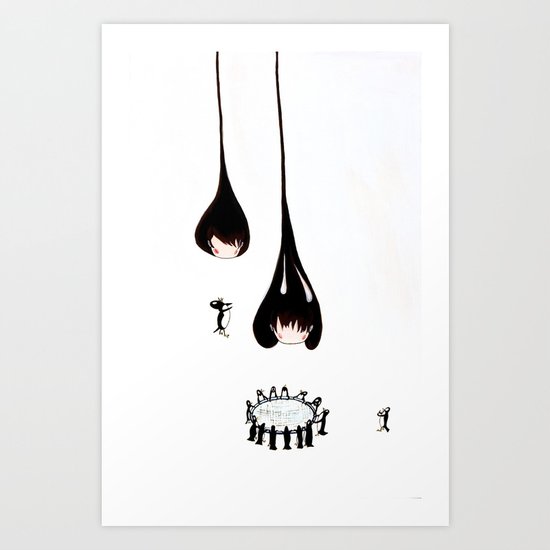 Drip Drip heads with penguins saving them Art Print