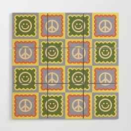 Funky Checkered Smileys and Peace Symbol Pattern \\ Multicolor Wood Wall Art