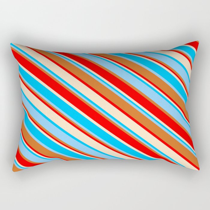 Vibrant Deep Sky Blue, Light Sky Blue, Chocolate, Red & Bisque Colored Striped/Lined Pattern Rectangular Pillow