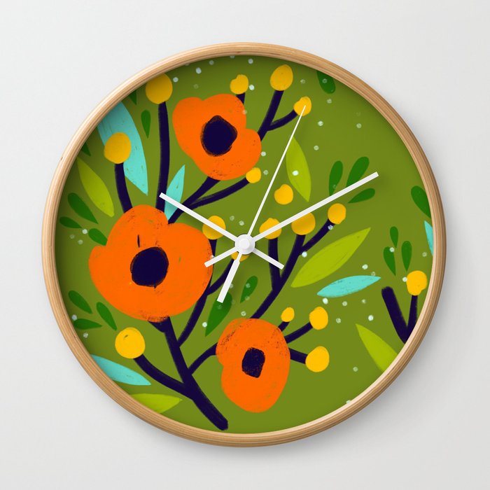 Leta Floral in Olive Green - Vintage Retro Flowers - Digital Painting Wall Clock