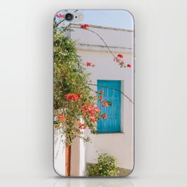 Greek Street Scene | Blue Shutter Still Live | Red Flowers | Mediterranean Setting Landscape iPhone Skin