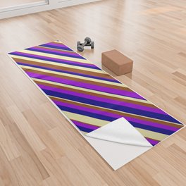 [ Thumbnail: Pale Goldenrod, Brown, Dark Violet & Blue Colored Lined Pattern Yoga Towel ]