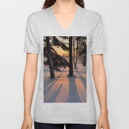 Sunset in the Snowy Forest  V Neck T Shirt
