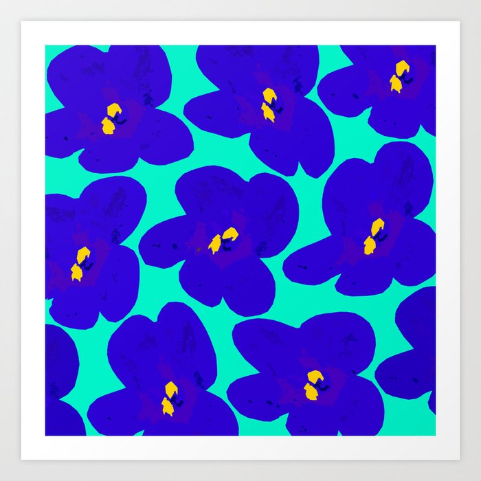 Large Blue Retro Flowers Turquoise Background #decor #society6 #buyart Art Print