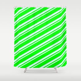 [ Thumbnail: Lime & Light Cyan Colored Pattern of Stripes Shower Curtain ]
