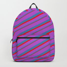 [ Thumbnail: Orchid, Blue, and Red Colored Lines/Stripes Pattern Backpack ]