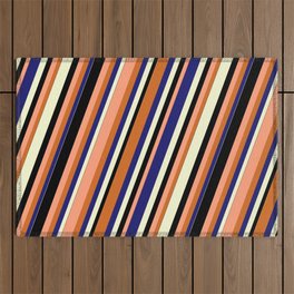 [ Thumbnail: Vibrant Light Salmon, Chocolate, Midnight Blue, Light Yellow, and Black Colored Stripes Pattern Outdoor Rug ]