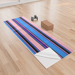 [ Thumbnail: Blue, Black, Light Pink & Indigo Colored Lines Pattern Yoga Towel ]