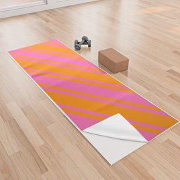 [ Thumbnail: Dark Orange & Hot Pink Colored Striped/Lined Pattern Yoga Towel ]