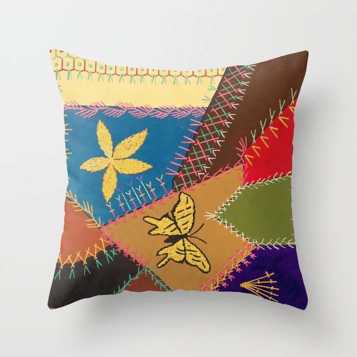 Funky 60s Butterfly Patchwork Quilt Design Throw Pillow
