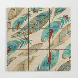 Watercolor Feathers Pattern- Tan & Turquoise  Wood Wall Art