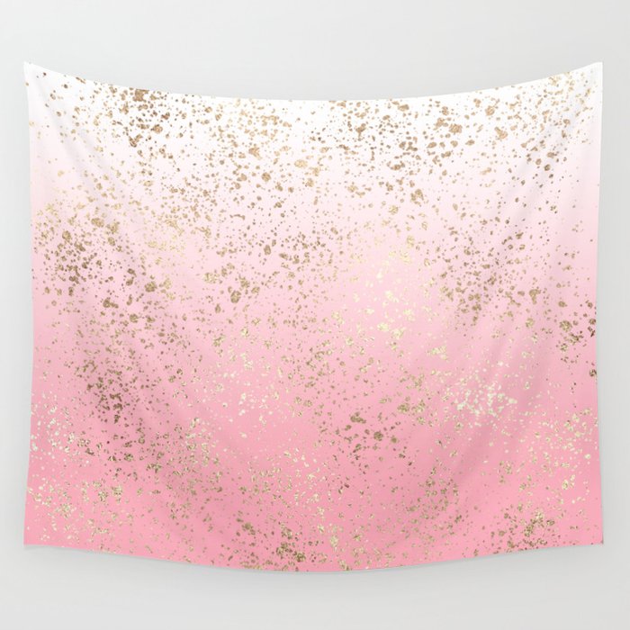 Pink White Ombre Speckled Gold Flakes Wall Tapestry