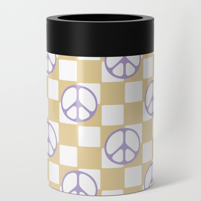 Peace Symbol On Checkerboard \\ Milk Caramel and Lavender Color Palette Can Cooler