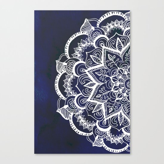 White Feather Mandala on Navy Canvas Print