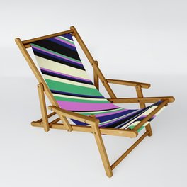 [ Thumbnail: Sea Green, Orchid, Midnight Blue, Black, and Light Yellow Colored Lines/Stripes Pattern Sling Chair ]