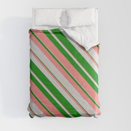 [ Thumbnail: Light Grey, Green & Light Coral Colored Lines/Stripes Pattern Comforter ]