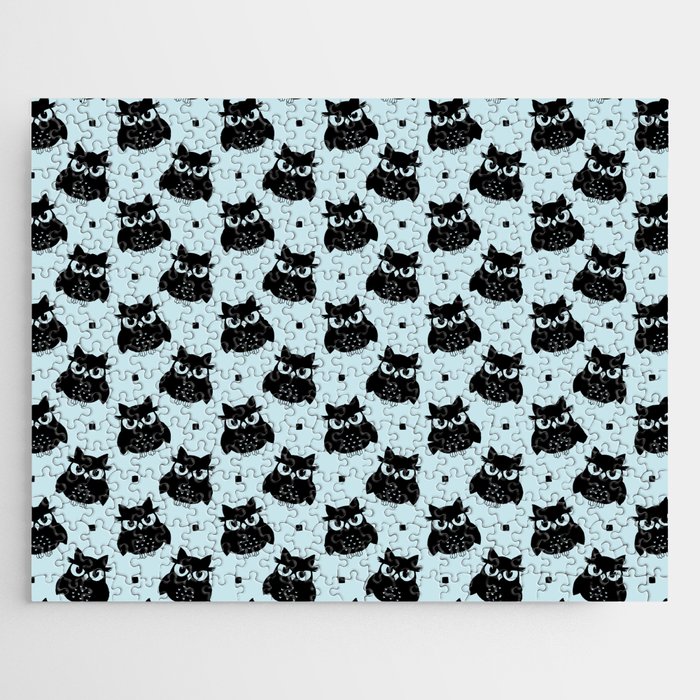 Black Cute Owl Seamless Pattern on Baby Blue Background Jigsaw Puzzle