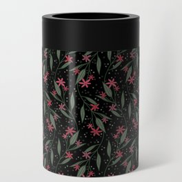 Blush pink floral branches on black background Can Cooler