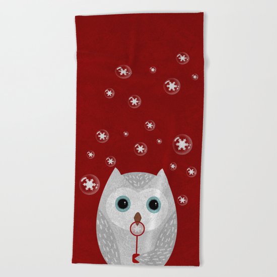 Christmas Owl Red Marble Beach Towel