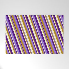 [ Thumbnail: Indigo, Purple, Dark Goldenrod & Light Yellow Colored Lined Pattern Welcome Mat ]