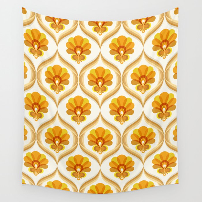 Ivory, Orange, Yellow and Brown Floral Retro Vintage Pattern Wall Tapestry