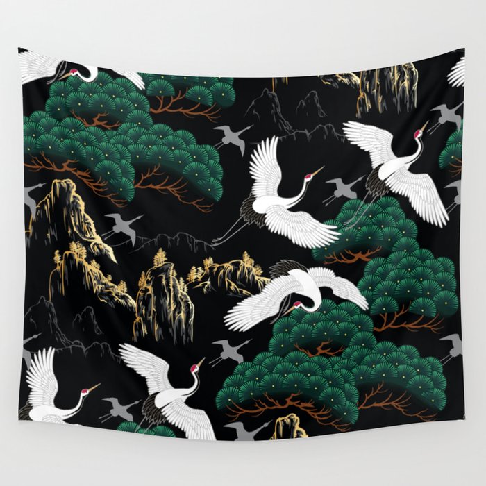 Japanese Flying Crane Wild Emerald Forest Pattern Wall Tapestry