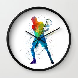 Man tennis player 02 in watercolor Wall Clock | Whitebackground, Watercolor, Coloor, Playing, One, People, Silhouette, Action, Backlit, Graphicdesign 