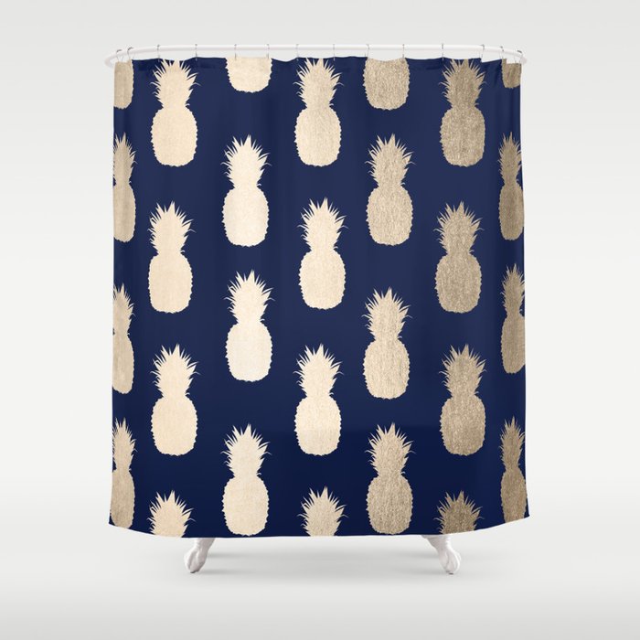 Gold Pineapple Pattern Navy Blue Shower, Navy Colored Shower Curtains
